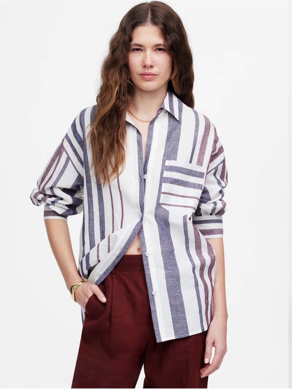 Madewell Striped Button-Up Shirt in White, Navy & Maroon